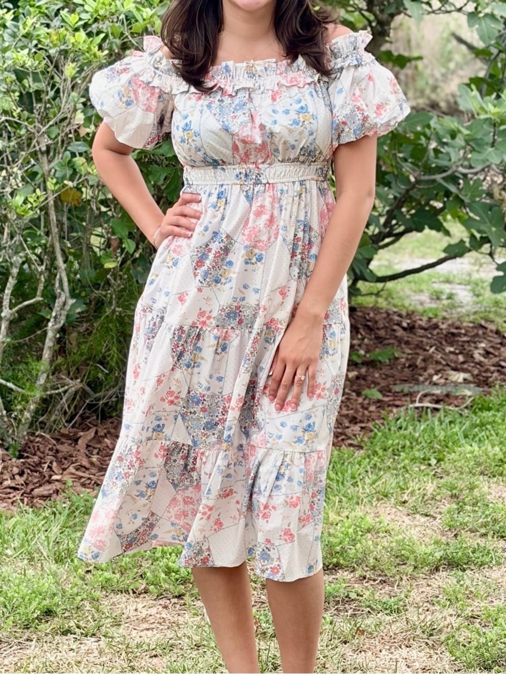 Floral Smocked Midi Dress - Cream with Pastel Floral Print